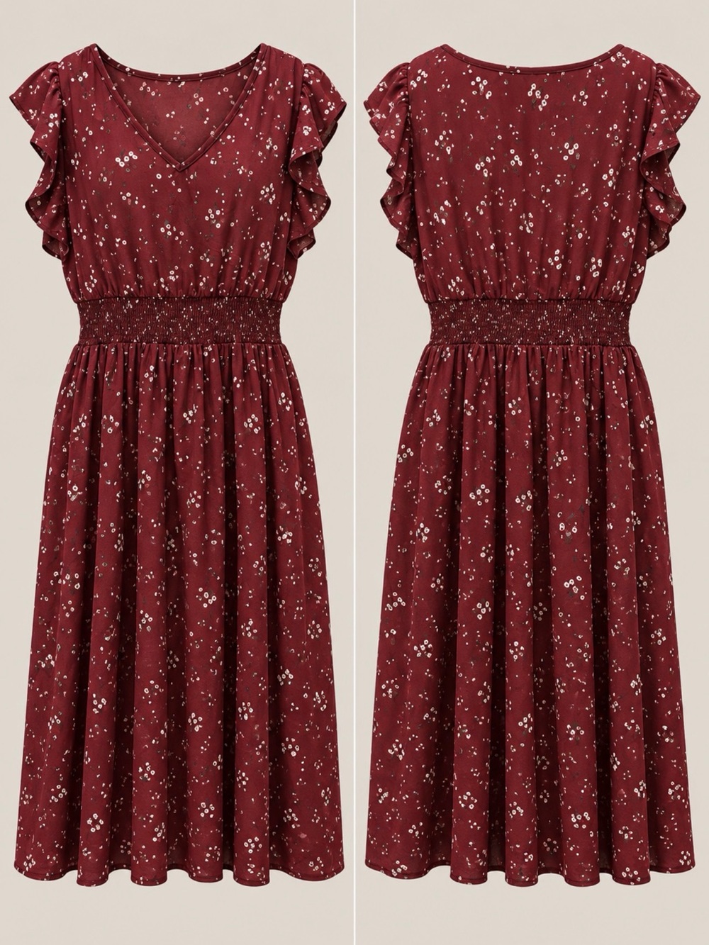 Smocked-Waist Burgundy Floral Midi Dress